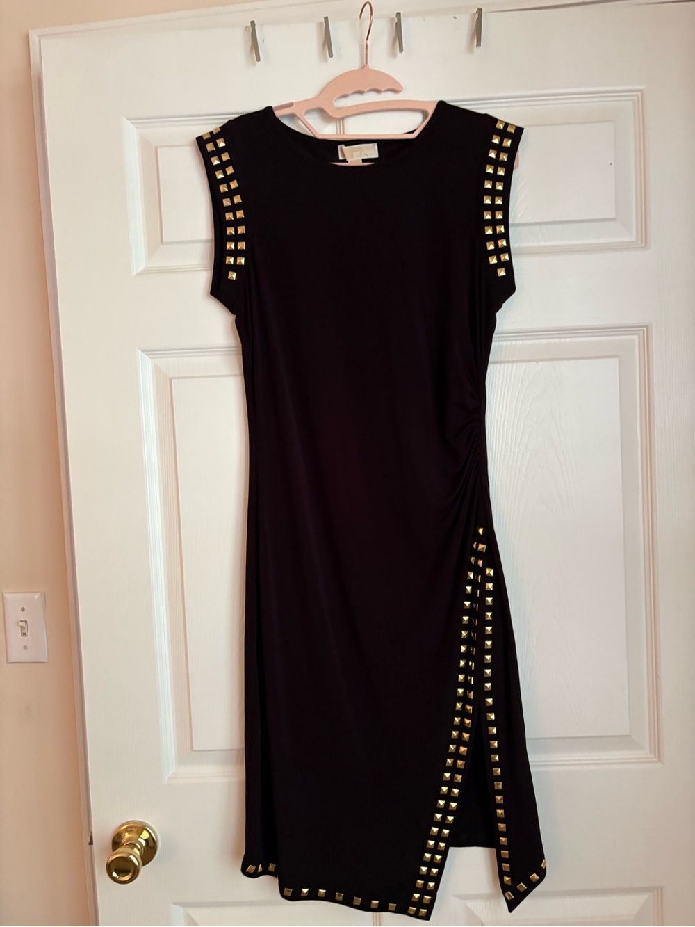 Michael Kors Black Midi Dress with Gold Stud Trim